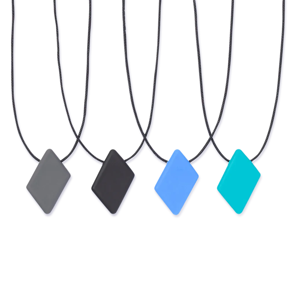 Teardrop-shaped silicone chew necklace with breakaway cord – available in 3 firmness levels