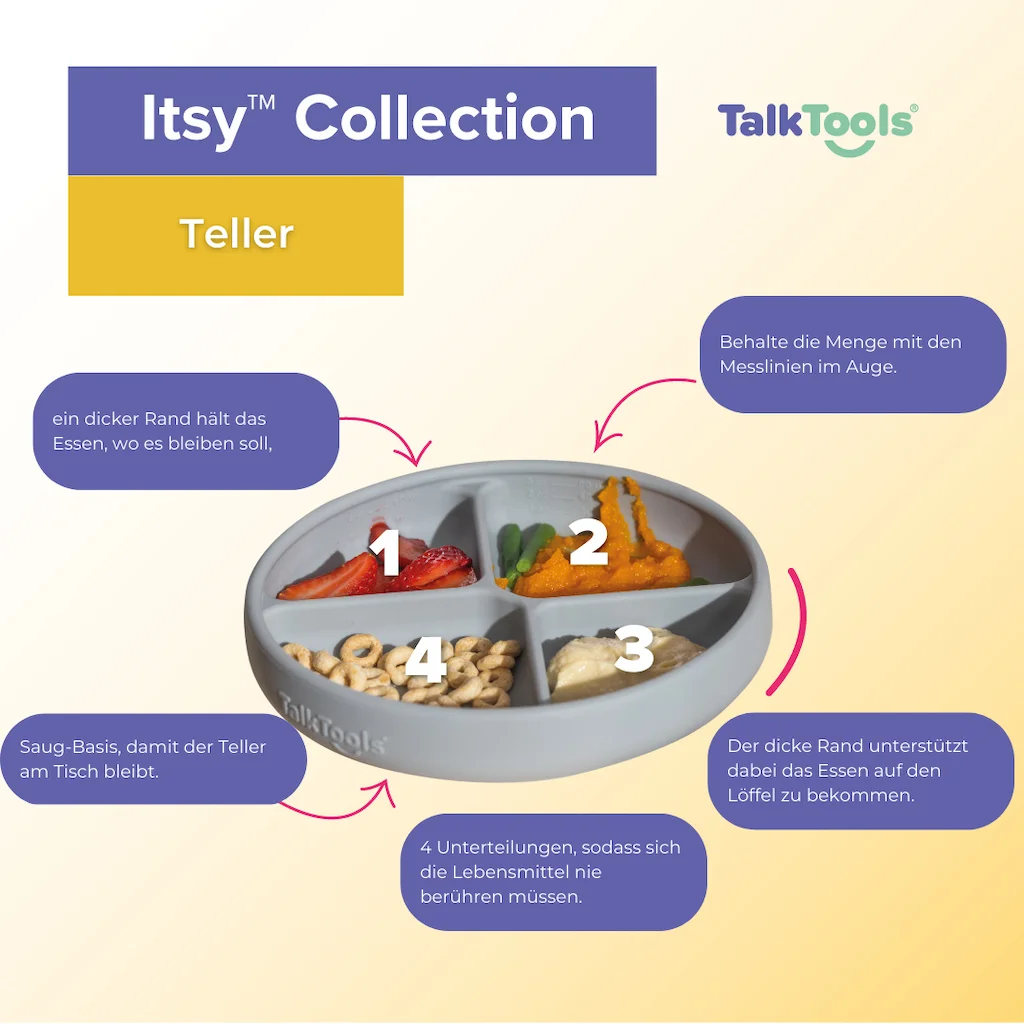 Logicana-TalkTools® Itsy™Plate-self feeding-silicone plate-silicone plate babys-equential eating-suctioned base-selective eaters-curved walls scooping