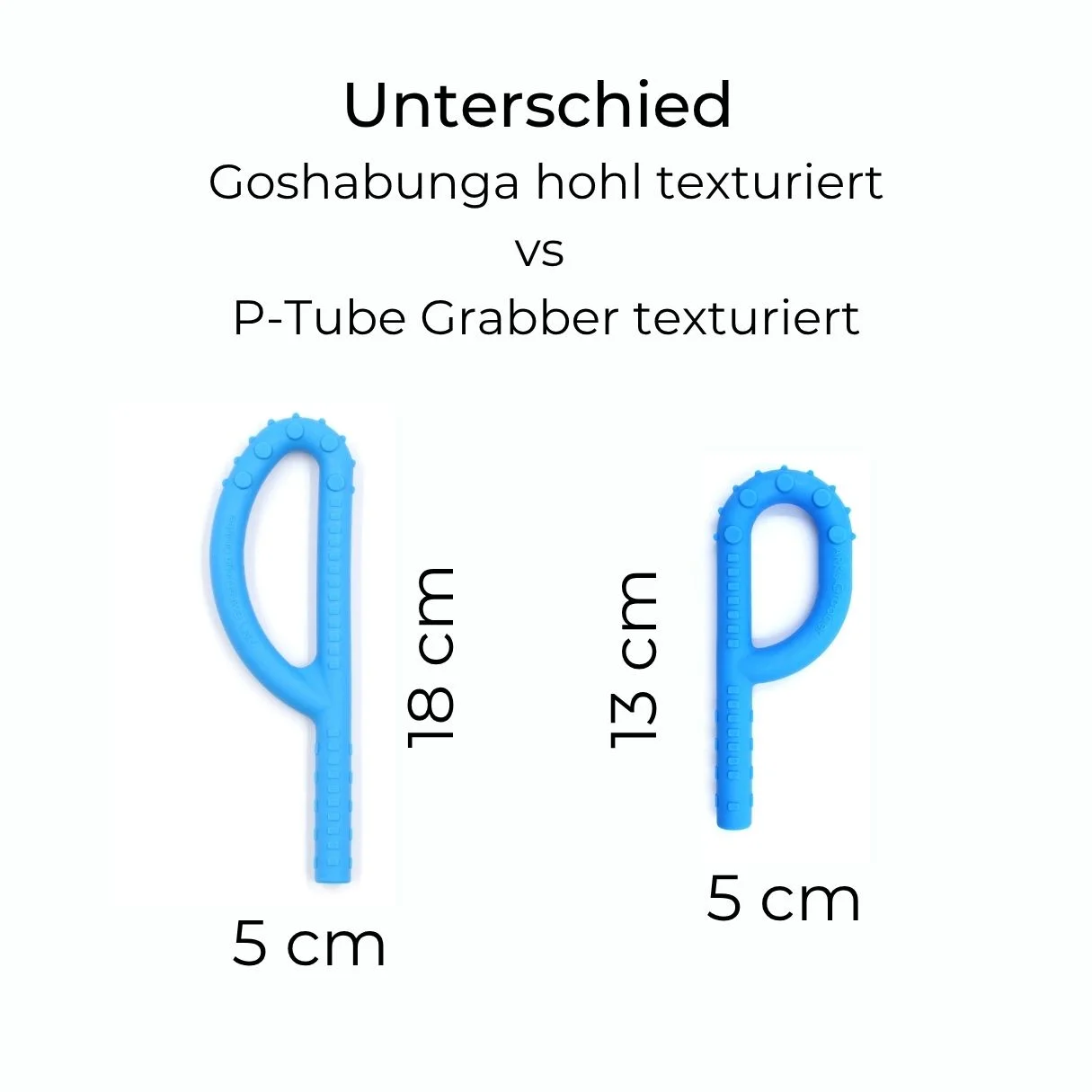 Vergleich zwischen ARK Goshabunga Grabber® P Tube texturiert (18 cm, strukturiert, hohl) und ARK P-Tube Grabber® texturiert (13 cm, texturiert, hohl) – ideal zur Auswahl passender Kautools nach Alter und Bedarf