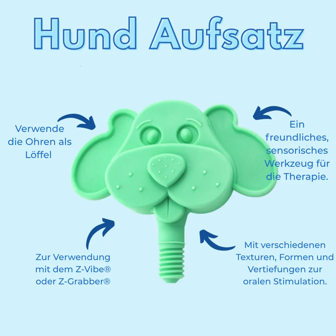 ARK Tier Aufsatz Hund grün – geeigent für orale Stimulation an Lippen, Zunge und Gaumen