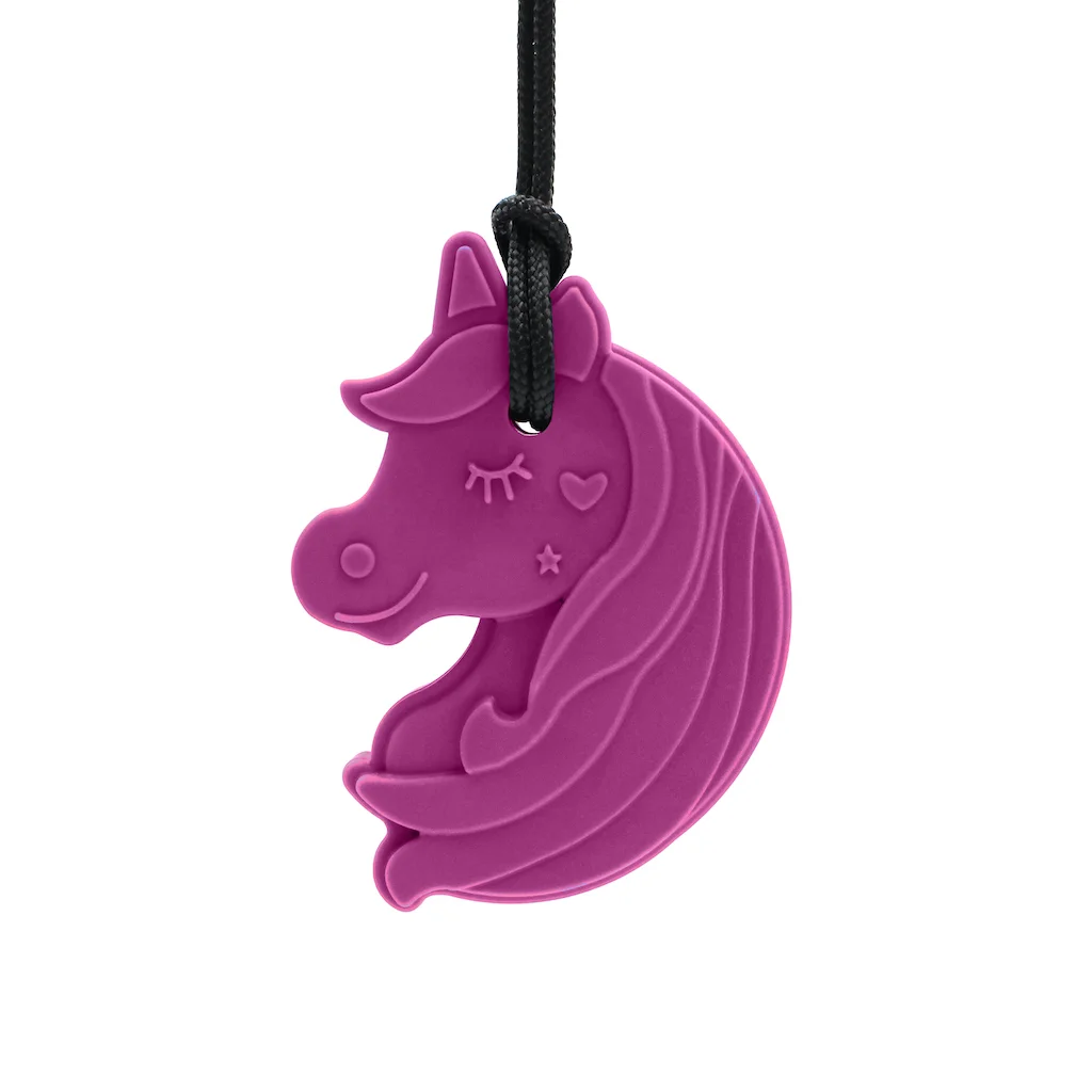 ARK unicorn chew necklace dark purple XXT firm front view very firm unicorn pendant for powerful chewing needs
