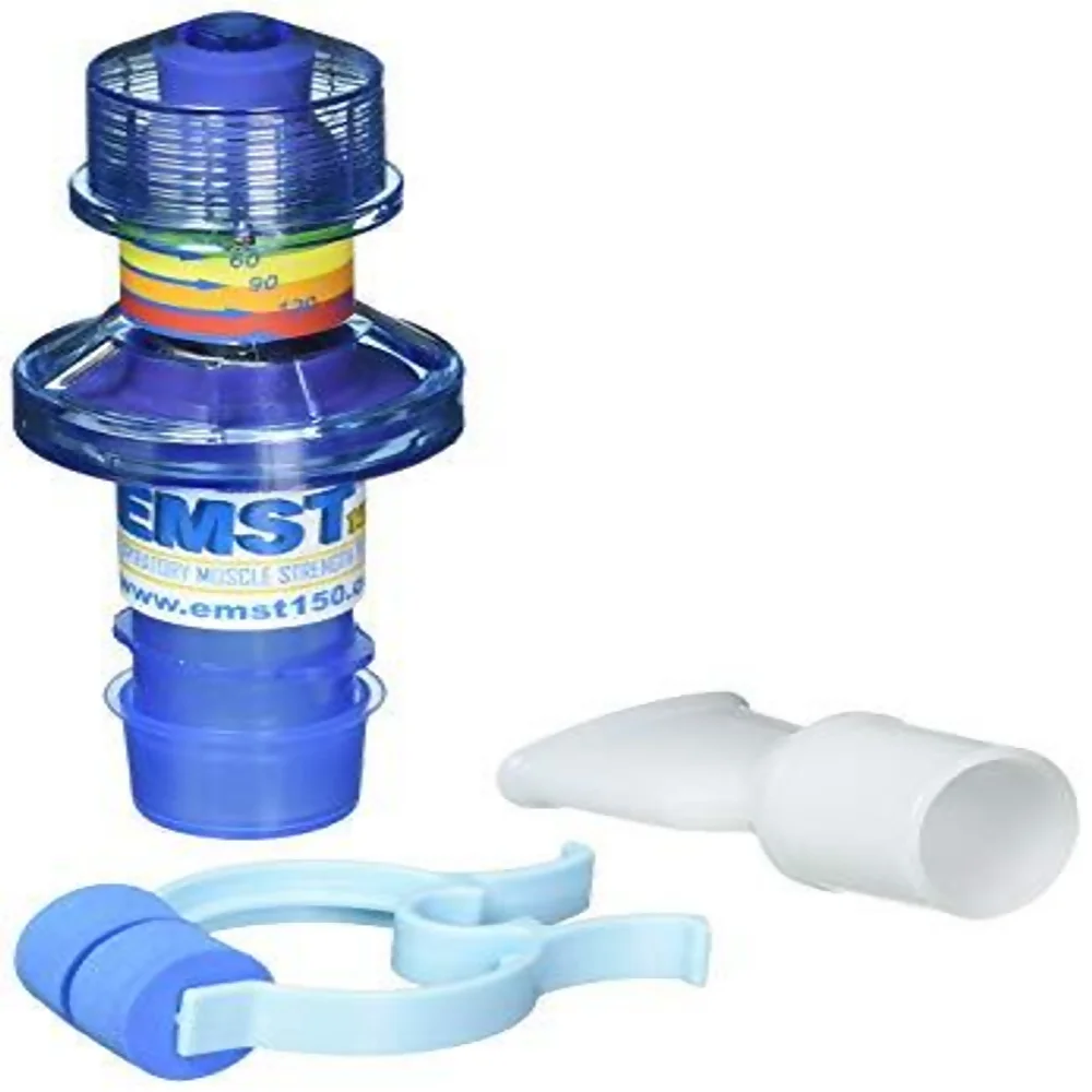 Lieferumfang des EMST150® Atemmuskeltrainers mit Mundstück und Nasenklammer